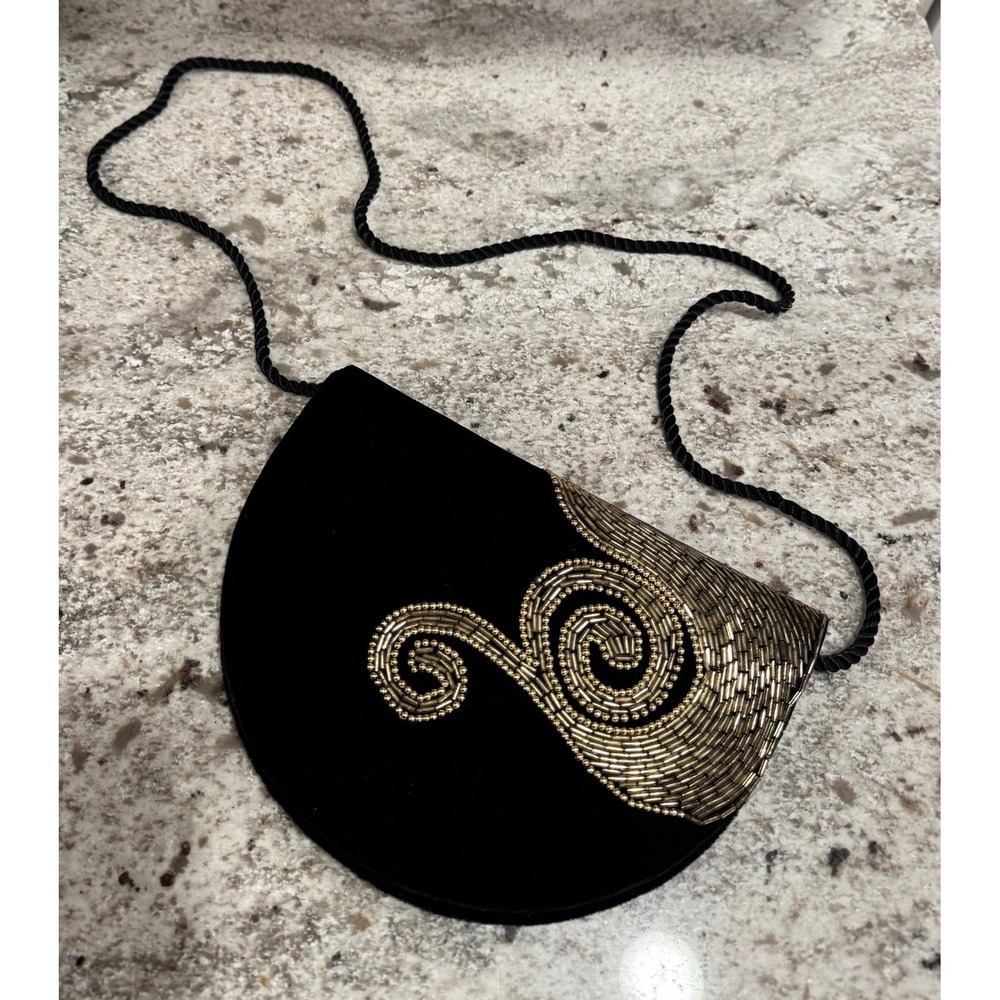 Black Velvet Evening‎ Clutch Bag Gold Swirl Beaded Shoulder Strap